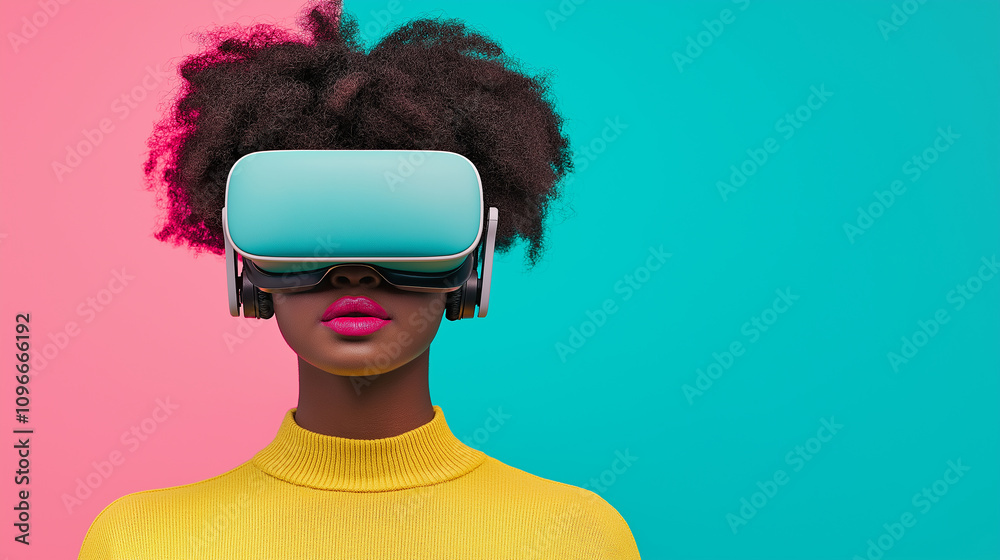 Poster student using virtual reality headset, immersed in technology, showcasing modern learning experiences. vibrant colors enhance engaging atmosphere