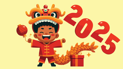 A BOY WEARING A DRAGON COSTUME IS CELEBRATING THE NEW YEAR 2025 AND CHINESE NEW YEAR