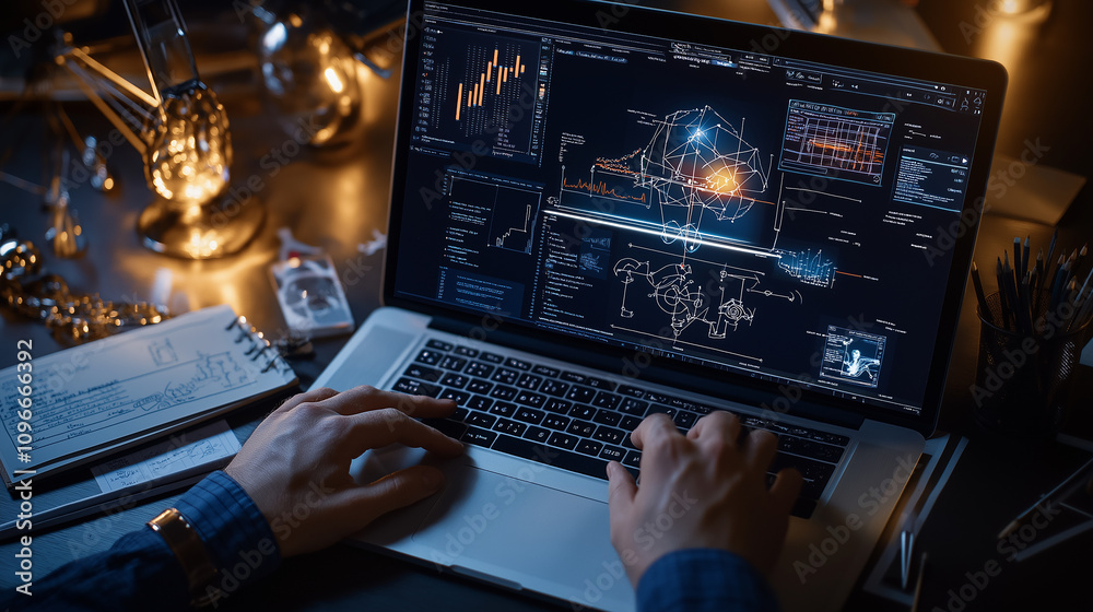 Leinwandbilder person working on laptop with data visualization and analytics on screen, surrounded by cozy workspa