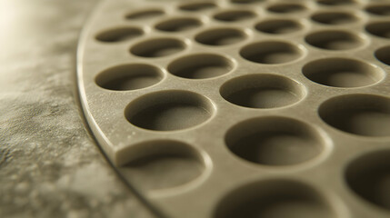 Abstract close-up of a textured surface with repeating circular indentations, creating a mesmerizing pattern. Ideal for backgrounds, textures, or design elements.