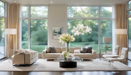 Fototapeta premium A spacious modern living room with neutral-colored
