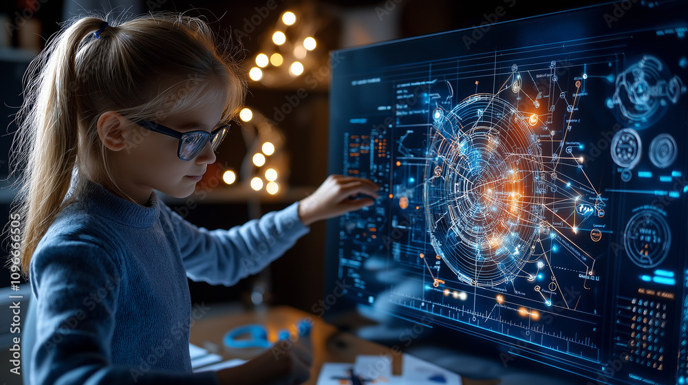 Poster young girl interacting with AI powered interface, showcasing technology and innovation. scene is illuminated with glowing data visuals, creating futuristic atmosphere