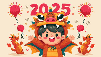 A BOY WEARING A DRAGON COSTUME IS CELEBRATING THE NEW YEAR 2025 AND CHINESE NEW YEAR