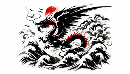 Dragon drawing detailed by black and red ink brush at a white paper media