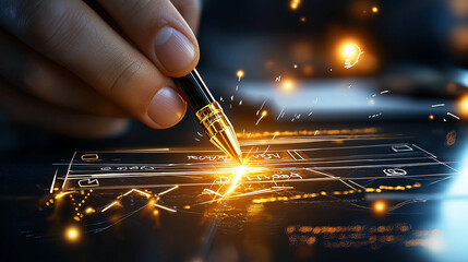 user filling out online registration form with pen, showcasing creativity and innovation in digital design. glowing elements add modern touch