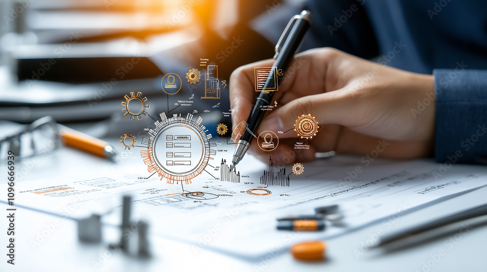 Poster person filling out form with digital icons representing data analysis and business processes. scene conveys sense of productivity and organization