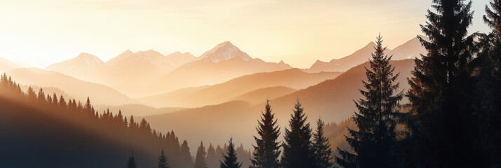 A breathtaking landscape of majestic mountains bathed in the warm light of sunset, with towering pine trees silhouetted against a serene sky, exuding tranquility.