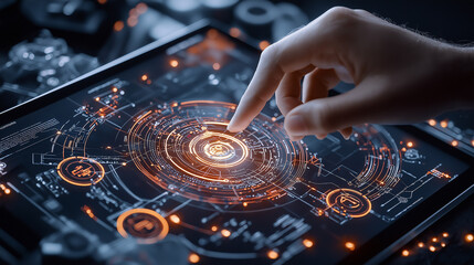 Futuristic interface on tablet with glowing graphics and touch interaction, showcasing advanced technology and digital innovation