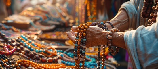 Hands holding colorful beaded necklaces at a market stall.