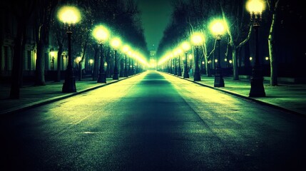 A deserted street illuminated by glowing lamps in a serene, nighttime setting.