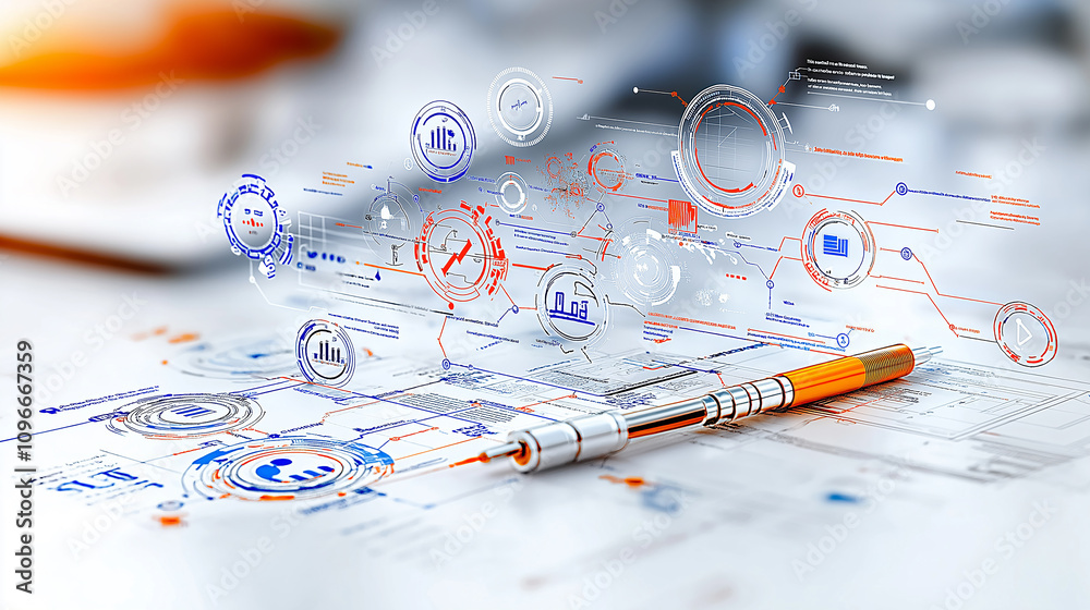 Poster innovative infographic showcasing marketing technology with graphs, charts, and data visualizations.