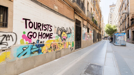 Fototapeta premium Curvy narrow street with residential buildings and protest graffiti Tourists Go Home, overtourism concept