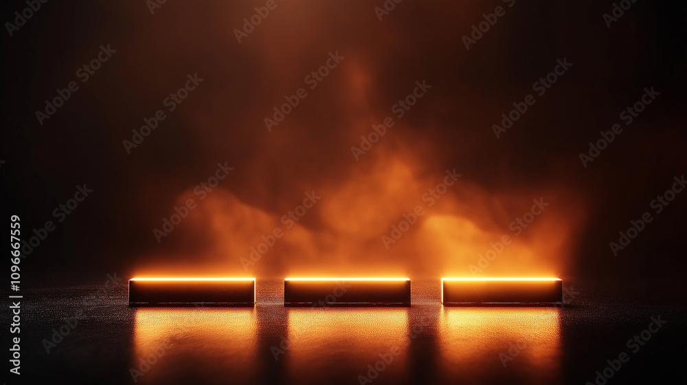 Poster three rectangular steel bars arranged in line, glowing with orange light, create dramatic atmosphere