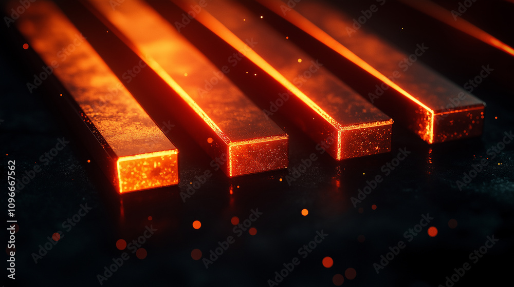 Poster four glowing steel bars arranged in line, radiating warmth and light, create striking visual effect 