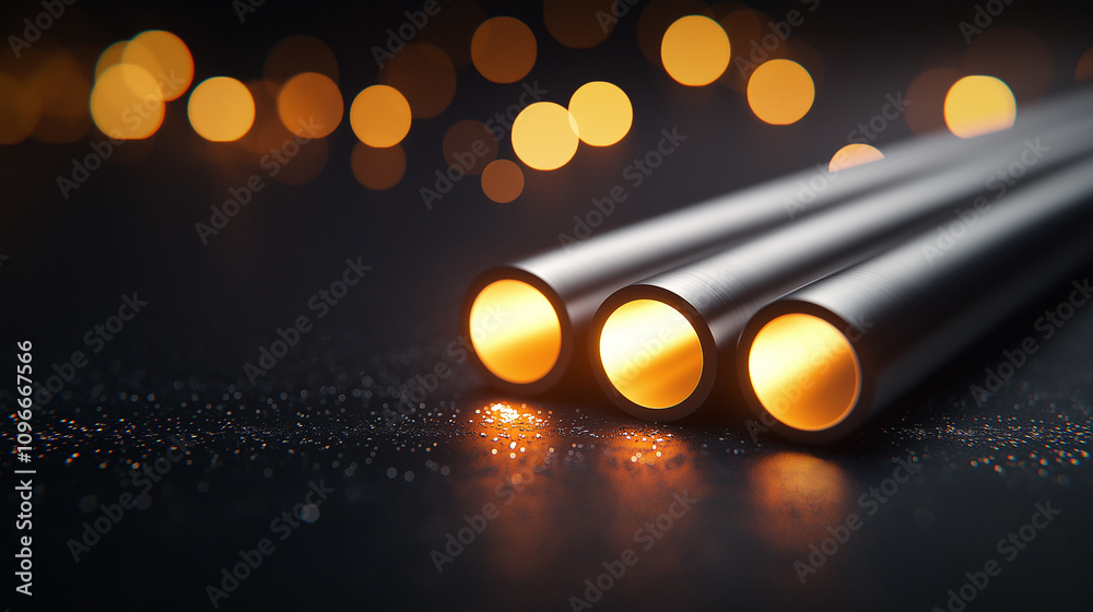 Poster High resolution photo of three steel bars glowing with warm light, creating captivating atmosphere. soft bokeh background enhances visual appeal