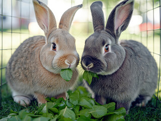 Obraz premium Two rabbits, one tan and one grey, sharing a meal of fresh green leaves in a sunny garden enclosure.