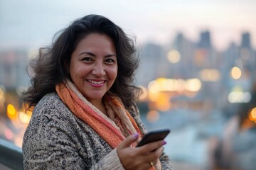 Middle aged Hispanic woman smiling and using smartphone in city.