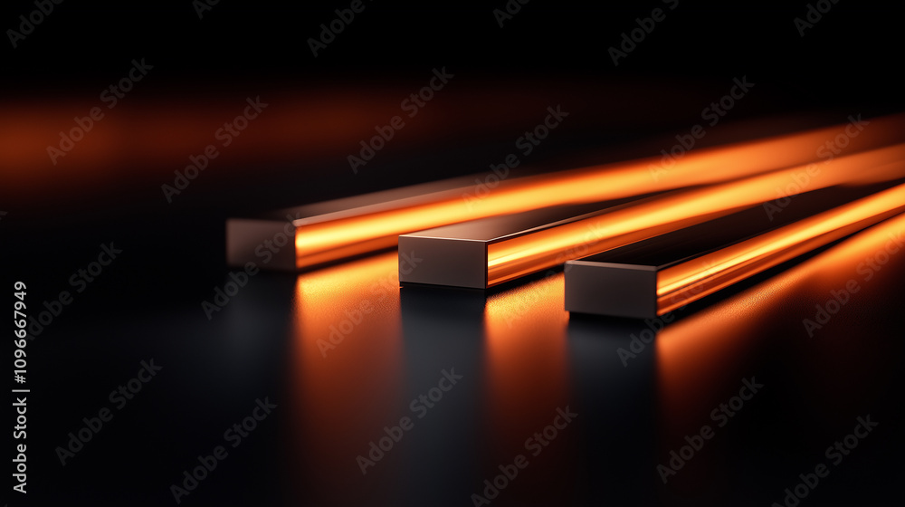 Poster Three rectangular steel bars arranged in line, glowing with warm light, create striking visual effect. smooth surface reflects light beautifully, enhancing industrial aesthetic