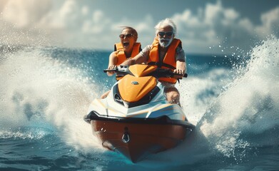Closeup of Happy Senior Couple Enjoying Fast Jet Ski Ride on Sunny Summer Day at Sea