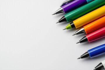 Colorful Assortment of Ballpoint Pens Arranged on White Background