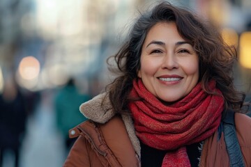 Happy middle aged Hispanic woman walking in the city.