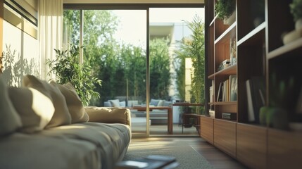 Fototapeta premium Modern living room with green plants and natural light streaming through skylights 