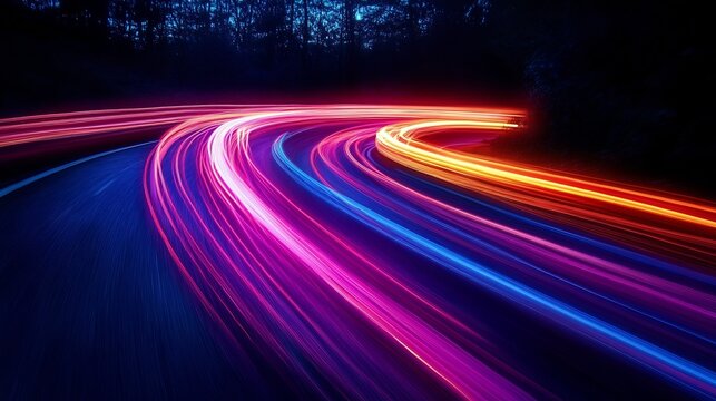 Blurred motion trails of colorful lights against a dark background symbolizing the dynamic progress speed and success of a growing business or organization