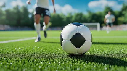 Soccer Match Intensity: Close-up of a classic black and white soccer ball on a lush green field, with blurred players in motion in the background, capturing the thrill and energy of the game. 