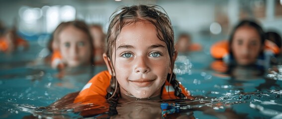 Obraz premium Happy kids in indoor pool wearing life jackets learning to swim, joyful children in swimming class