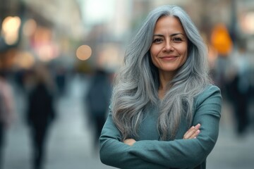 Fototapeta premium Cheerful middle aged Hispanic woman with grey hair in city.