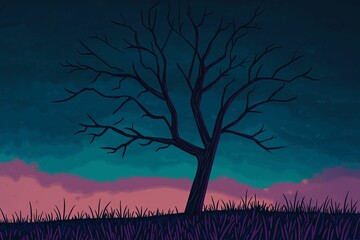 Bare tree silhouette against vibrant twilight sky.