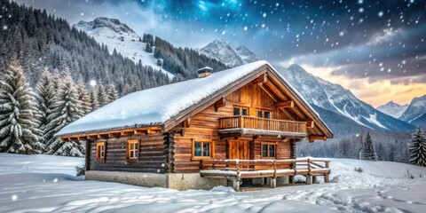 Fototapeta premium A charming wooden cabin nestled amidst a snow-covered mountain landscape, with a breathtaking view of the distant peaks and a sky filled with falling snow.
