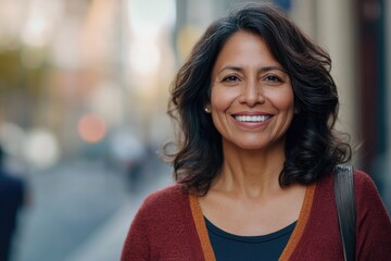 Cheerful Hispanic woman in city portrait  daytime outdoor setting