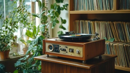 Creating a vintage atmosphere a wooden podium showcasing a record player and vinyl collection in a cozy living room setting
