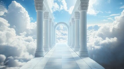A white archway leading to a white sky