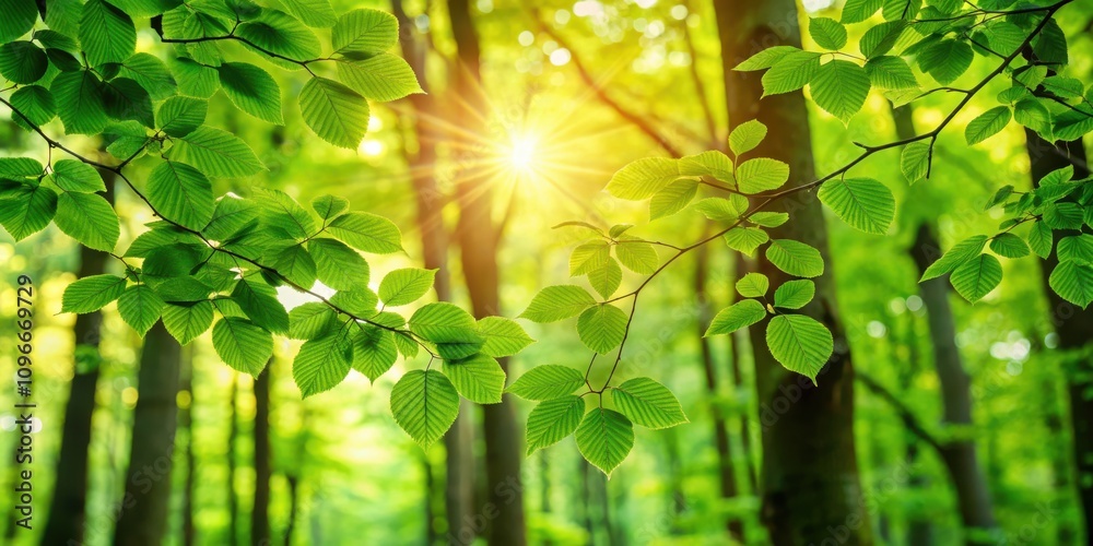 Poster sunlight filtering through a vibrant canopy of leaves, creating a serene and picturesque scene of na
