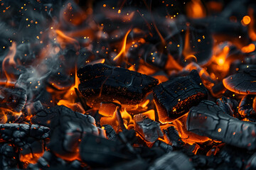 Burning embers and particles on a dark background, establishing a moody atmosphere, in a close-up view.