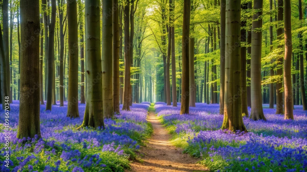 Poster a sun-drenched path meanders through a vibrant forest, bordered by towering trees and a carpet of bl