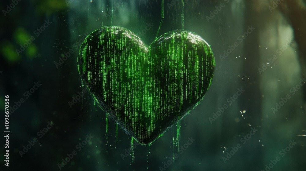 Poster creating a matrix-inspired digital heart with green code veins in a glitched cyber environment for f