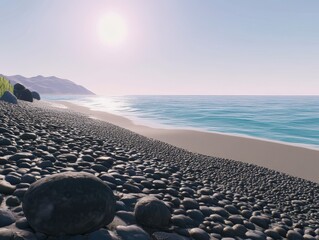 Serene Coastal Landscape with Pebble Beach and Calm Ocean; Stunning Sunrise Views; Perfect for Nature Lovers; Beach Photography; Stone Coastline; Coastal Scenery; Inspiring Landscape