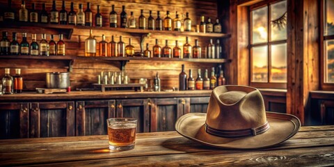 Naklejka premium A cowboy hat rests on a rustic wooden bar counter in a saloon with a glass of amber liquid beside it, shelves lined with liquor bottles behind, and a window with a sunset view behind
