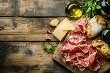A rustic wooden table featuring cured meats, cheese, bread, and olive oil for a gourmet spread.