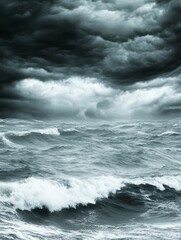 Stormy Ocean Waves Under Dark Clouds: A Dramatic Seascape
