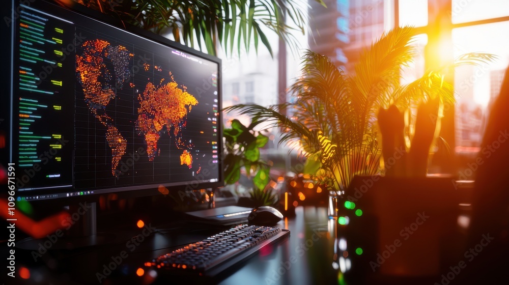 Poster tech control room with vibrant screens displaying global maps