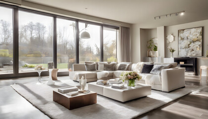 Fototapeta premium A contemporary living room with a spacious, open large window