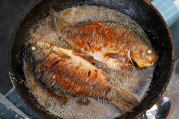 Crucian carp fish is fried in a frying pan in oil on a gas burner at a picnic