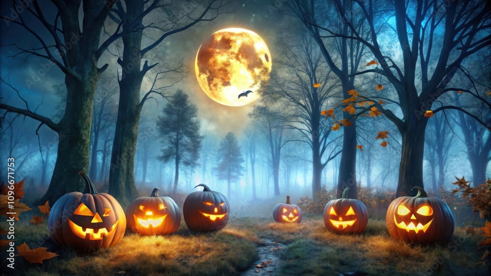 Poster A group of glowing jack-o'-lanterns stand on a path in a misty forest illuminated by a large full moon.