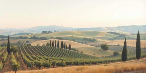 Fototapeta premium An oil painting of a serene Tuscany landscape with rolling hills, vineyards, and cypress trees in soft, pastel colors, pastel colors, painting