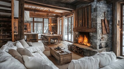 Cozy rustic interior with warm wood tones and natural materials