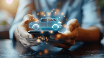 Man Using Smartphone for Online Car Services, Buy, Rent, Call a Cab, or Purchase Auto Insurance. Modern Technology in Transportation and Vehicle Management